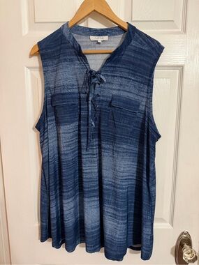 Women's Blue Sleeveless Lace-Up Tunic Top,2XL